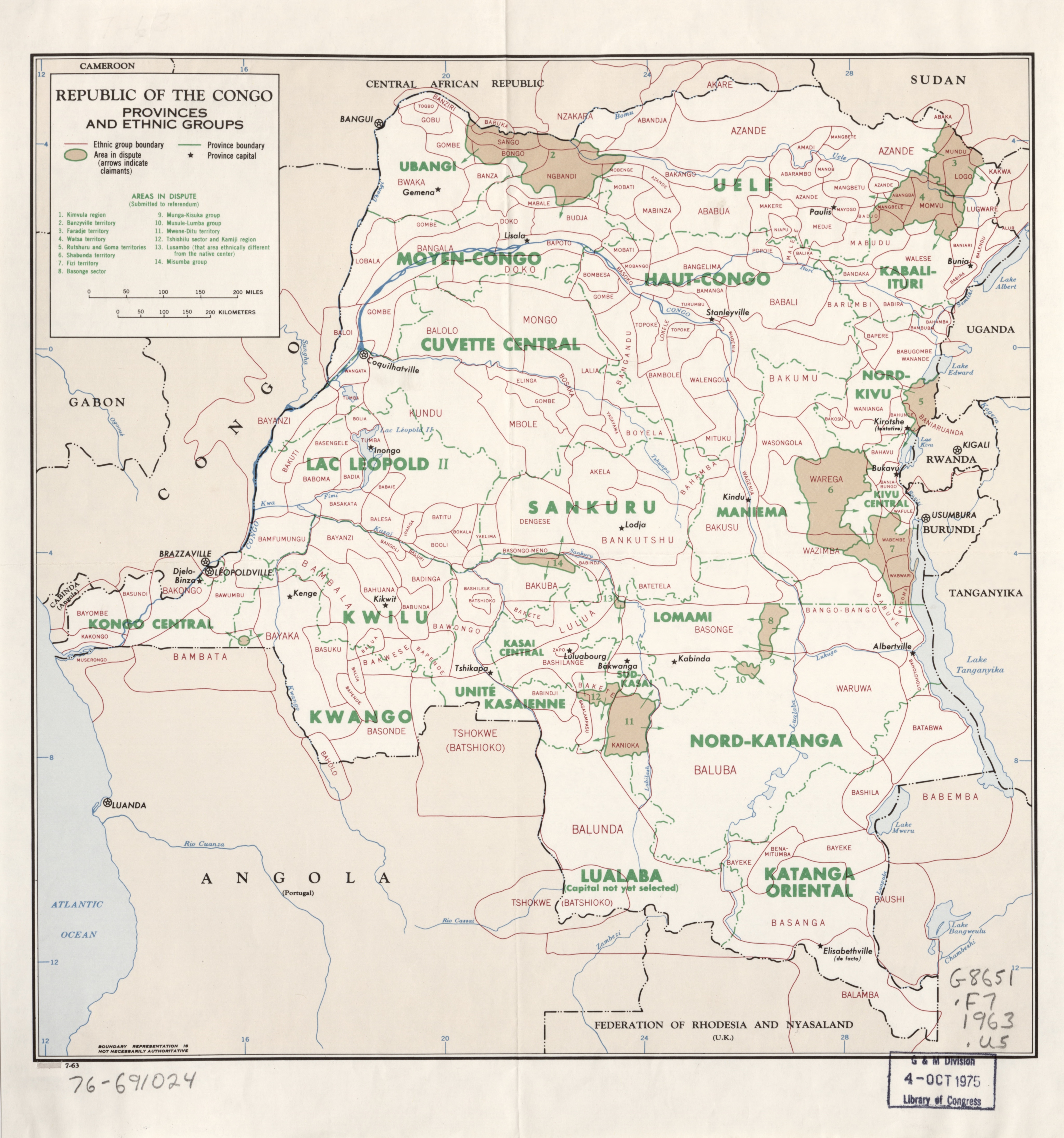 Carte de provinces et groupes ethniques de la RD Congo en 1963