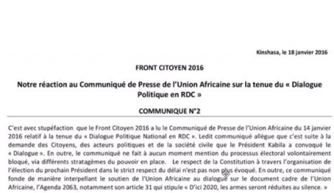 Front Citoyen 2016 RDC, Communique No2
