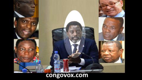 Aubin Minaku, Azarias Ruberwa, Henri Mova, Joseph Kabila (centre), Leon Kengo wa Dondo, Alain Atundu et Lambert Mende